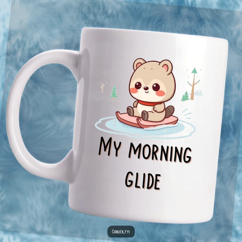 Funny Canadian animal character gleefully sliding on a slippery frozen pond, capturing pure winter joy and playful energy, perfect for a mug.