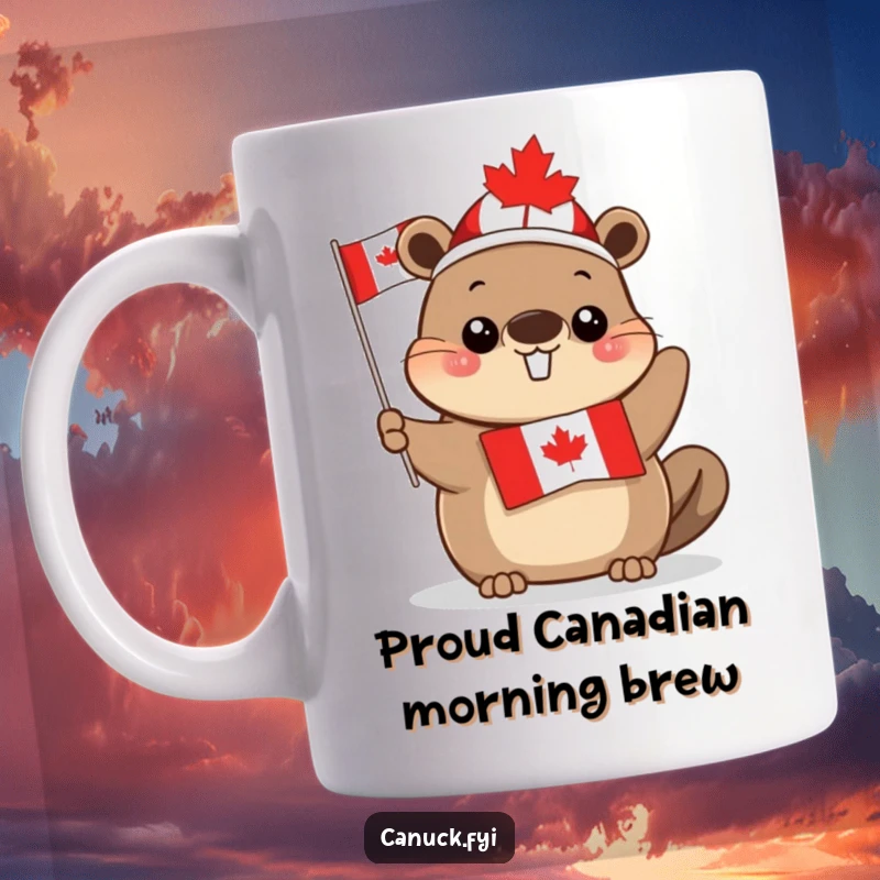 Funny cute beaver wearing a maple leaf hat waving a Canadian flag, patriotic and charming, perfect for Canadians, a great gift.