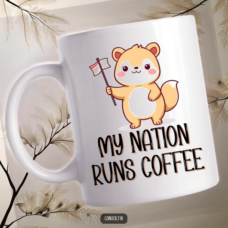 Funny animal mug with a small flag, proudly standing and waving it with a cheerful expression, symbolizing patriotism and joy.