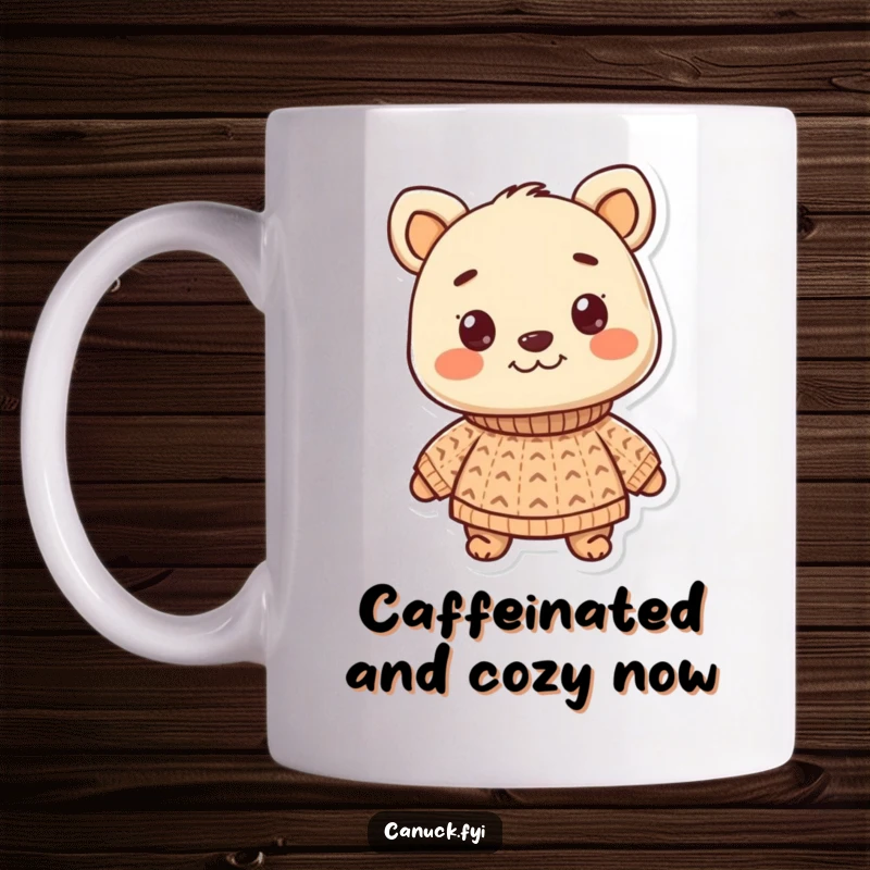 Funny mug showing a smiling animal character proudly wearing a small, adorable knitted sweater. Radiating warmth and contentment.