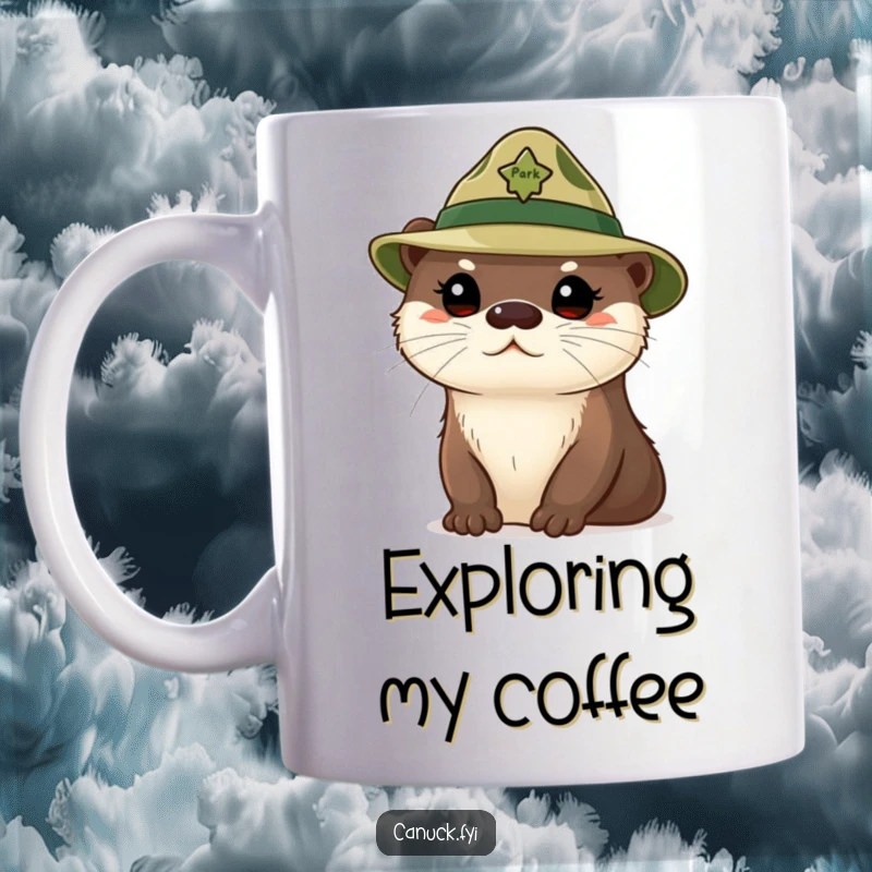 Funny curious otter mug, cute otter wearing a tiny park ranger hat, looking inquisitive, exploring nature.