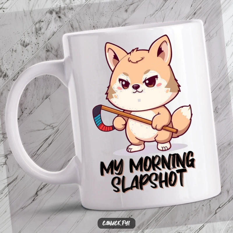 Funny mug with determined animal pal holding a tiny hockey stick, ready for the game, perfect funny gift.