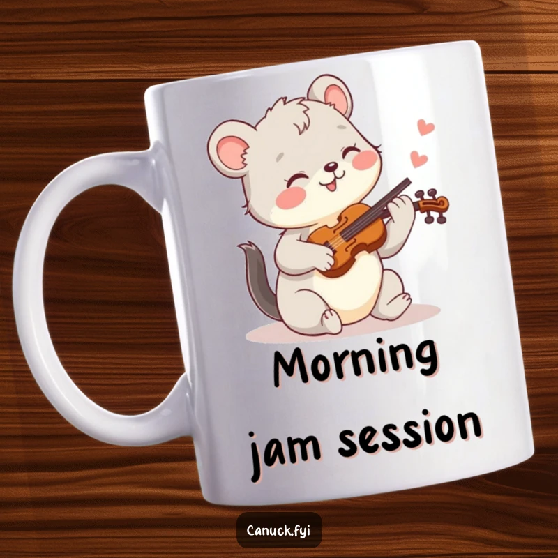 Funny mug with a joyful animal happily playing a tiny fiddle, radiating music and cheerful vibes.
