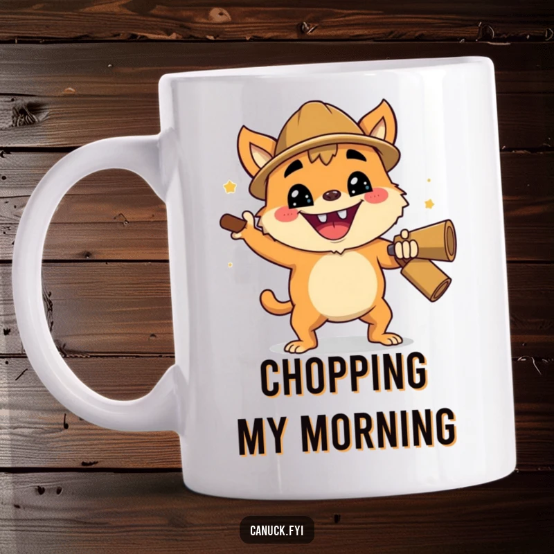 Funny mug showing a creature with an enthusiastic grin performing a cheerful lumberjack chop, ready to tackle the day.