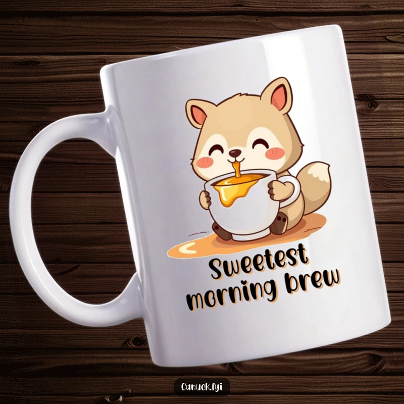 Funny stylized animal mug offering a cup of steaming maple syrup, radiating warmth and sweet charm.