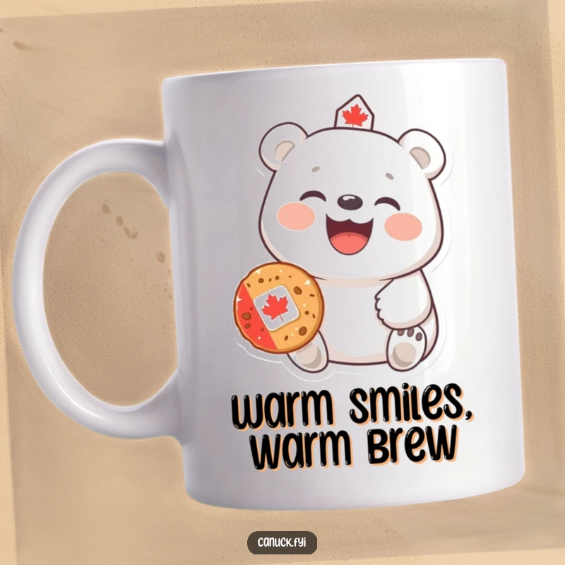Funny Polar Bear Mug: A cheerful polar bear with a wide laugh offers a Canadian cookie, radiating warmth and hospitality.