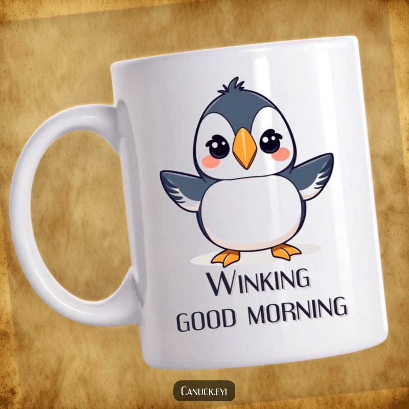 Funny mug showing a proud puffin character wearing a small toque hat and giving a playful wink.