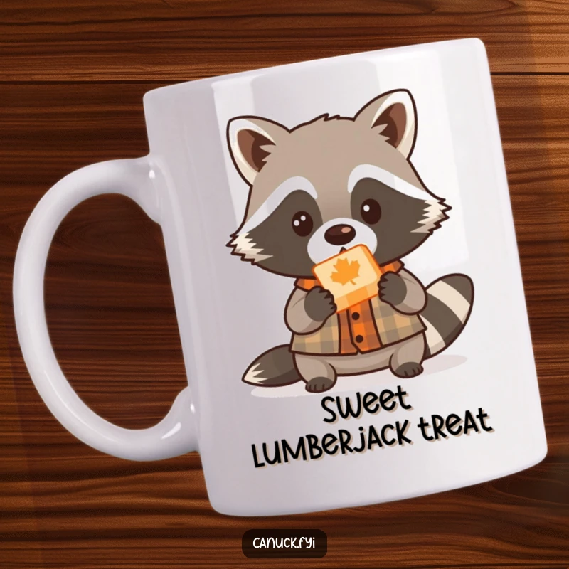 Funny cute raccoon lumberjack mug, wearing a small shirt, offering maple candy, adorable woodland creature, humorous gift.