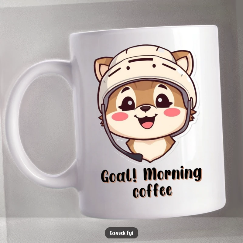 Funny mug with an animal character wearing a hockey helmet and smiling broadly, ready for the game.