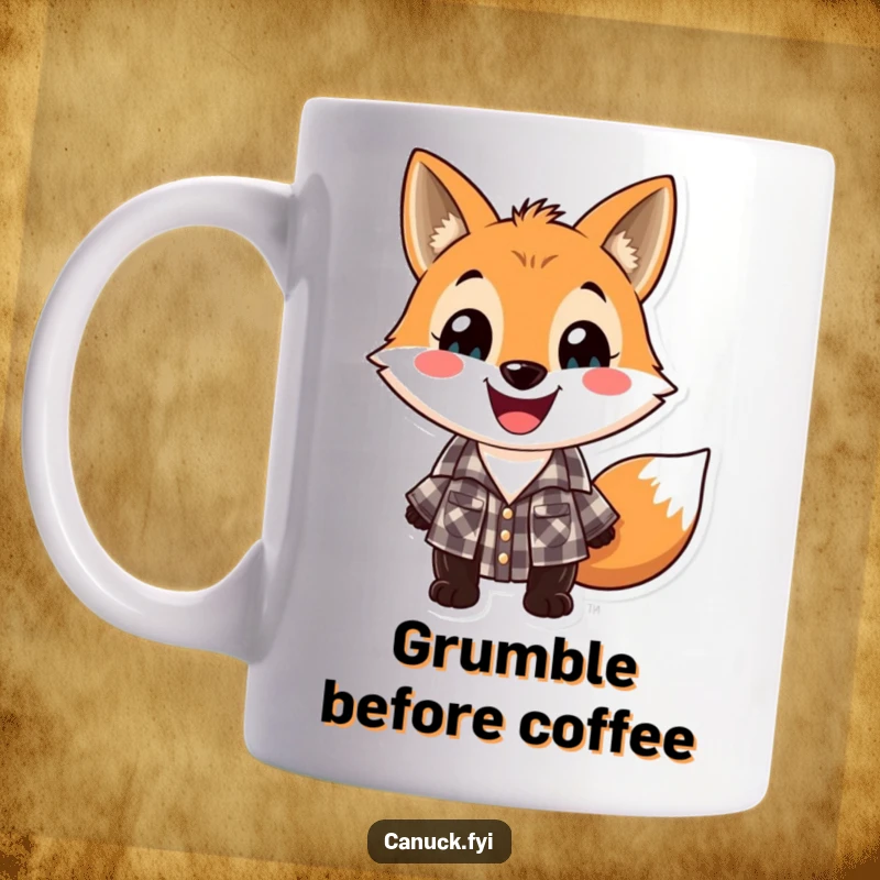 Funny lumberjack fox mug, playful fox in checkered shirt and wide grin, ready for adventure, great gift.