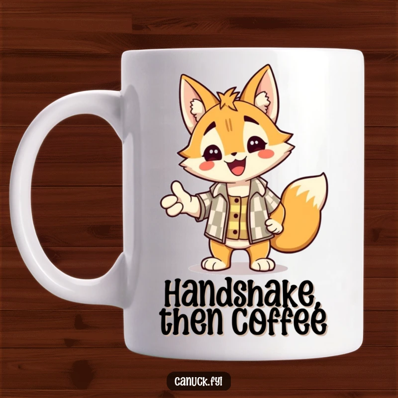 Funny mug showing a delighted lynx character in a checkered shirt, extending a paw for a friendly handshake.