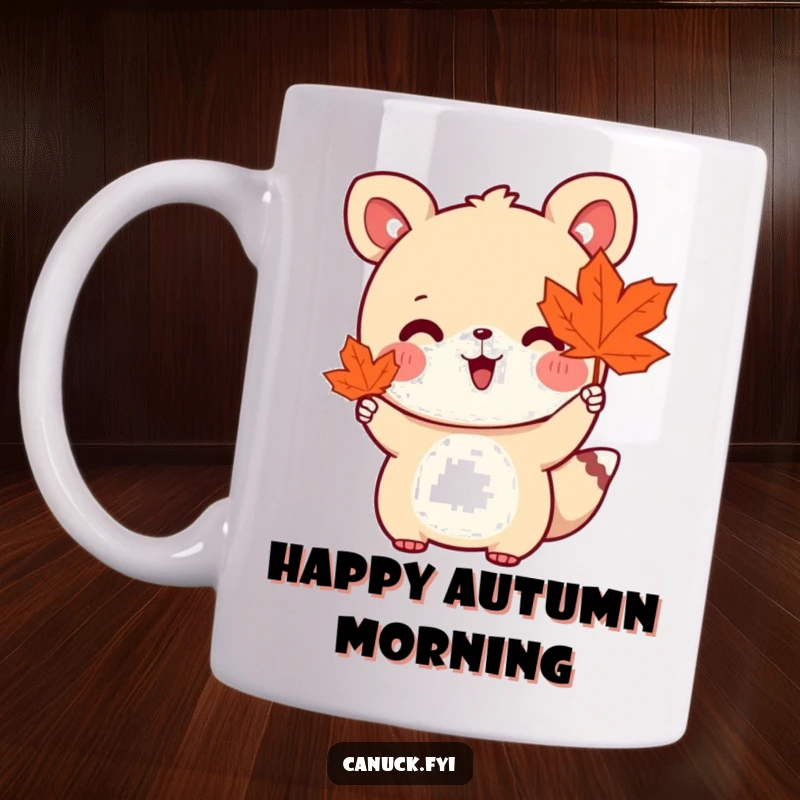 Funny mug showing a cute animal character holding a maple leaf and waving enthusiastically with a joyful expression.