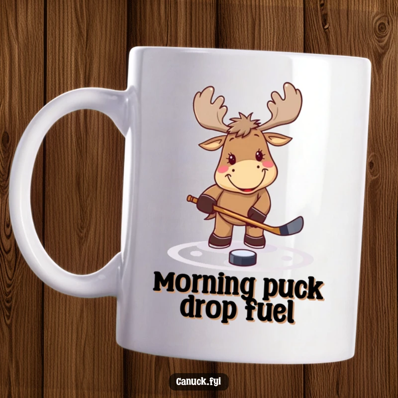 Funny smiling moose with a hockey stick tapping a puck, ready for action, humorous sports theme, ideal for hockey fans, a fun gift.