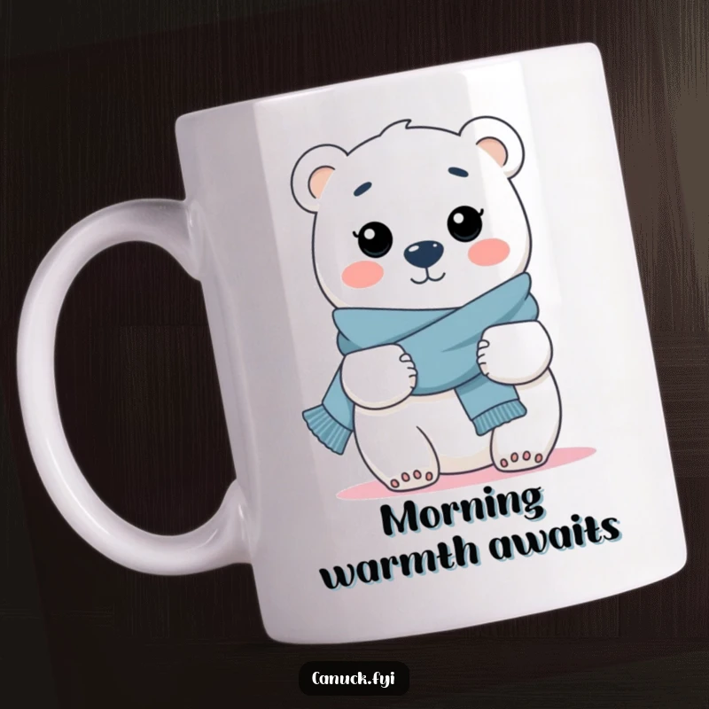 Funny mug illustration of a happy polar bear wearing a scarf, extending its arms for a warm, inviting hug.
