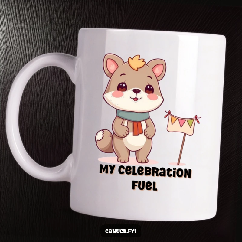 Funny proud animal mug standing beside a tiny, festive banner, symbolizing achievement and celebration.