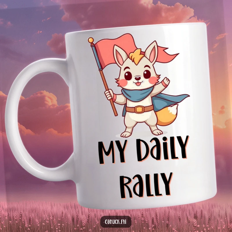 Funny mug with a proud animal character striking a heroic pose holding a flag, inspiring funny gift.
