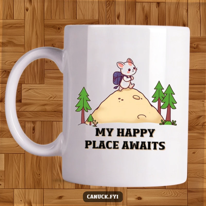 Funny mug featuring a cute creature with a backpack hiking up a small hill, showcasing determination and outdoor fun.