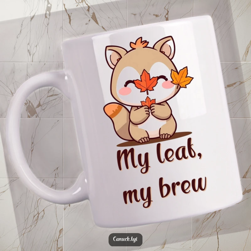 Funny mug with an animal character proudly holding a small red maple leaf, symbolizing Canadian pride and joy.