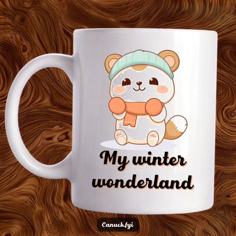 Funny mug featuring a cheerful animal character in mittens, happily catching delicate falling snowflakes with pure winter joy.