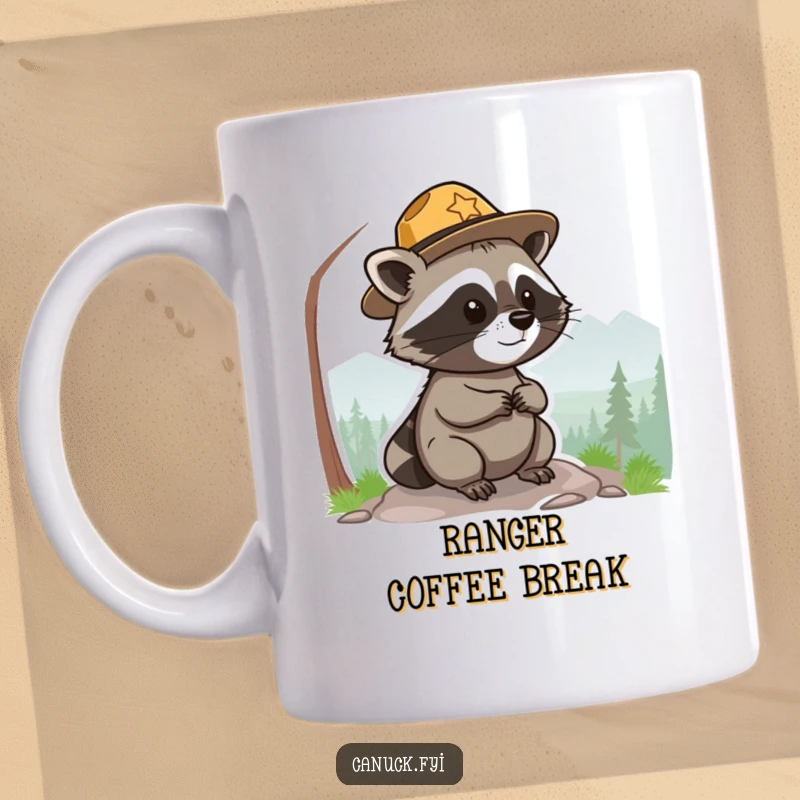 Funny park ranger raccoon mug, small and round, wearing a hat, surveying a scenic view, cute and humorous.