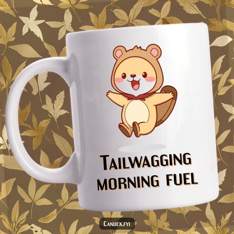 Funny animal mug with a creature wearing a beaver tail costume, hopping excitedly with a broad, happy smile.