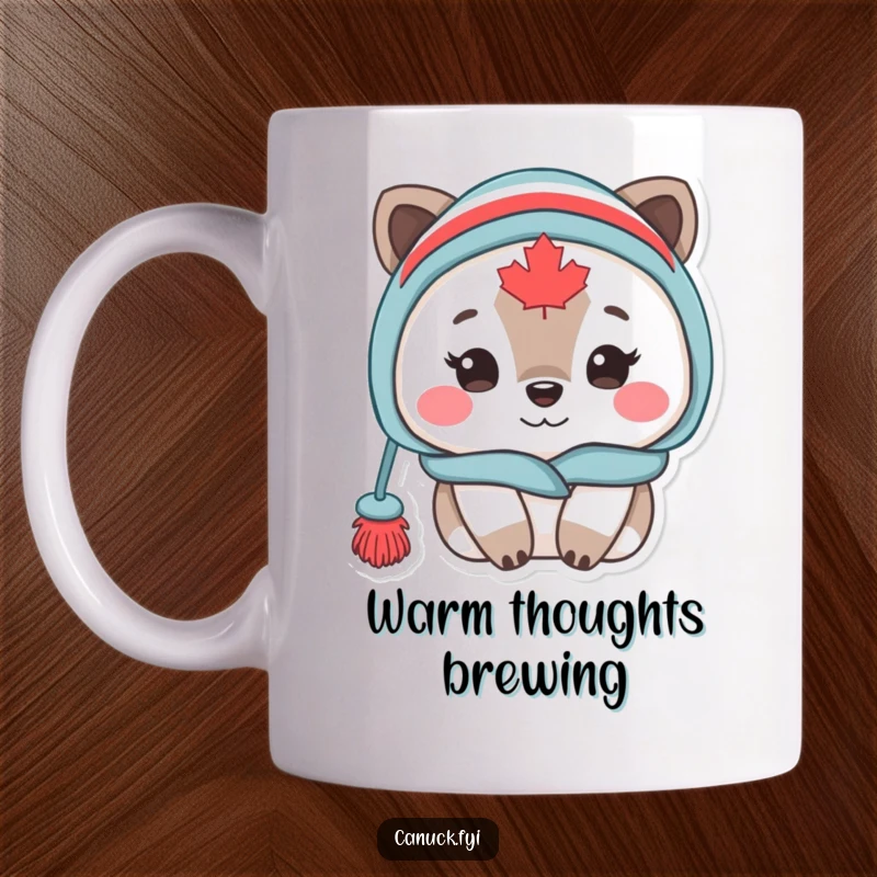 Funny Canadian animal character wearing a warm toque hat, looking extremely cozy and content, perfect for a mug.
