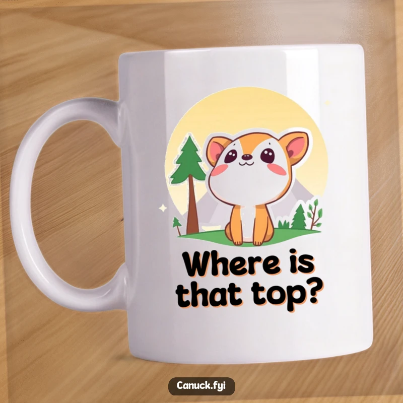 Funny curious animal mug gazing upwards at a stylized mountain peak, evoking wanderlust and a love for adventure.