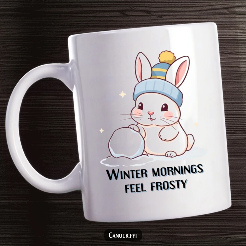 Funny rabbit in a toque, playfully nudging a snowball, perfect for coffee or tea, a delightful winter gift.