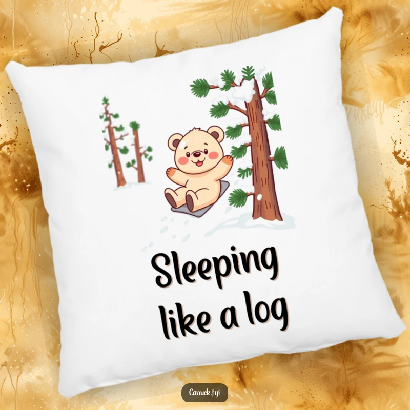 Funny bear cub pillow featuring a smiling cub gleefully sliding down a snow-covered, stylized pine tree.