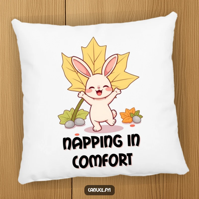 Funny rabbit pillow featuring a bouncy rabbit character joyfully dancing near a large, iconic maple leaf.