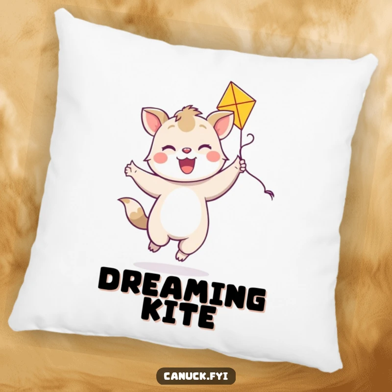 Funny joyful animal pillow, bright smile, dancing with a colorful kite, soft cushion, playful home accent.