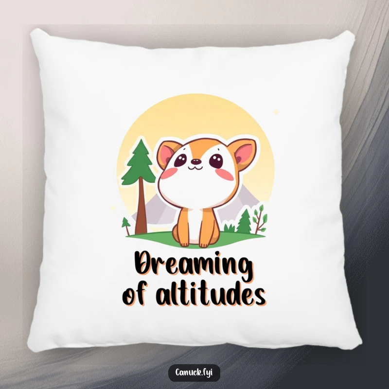 Funny curious animal pillow resting against a stylized mountain, adding cozy humor to any room.