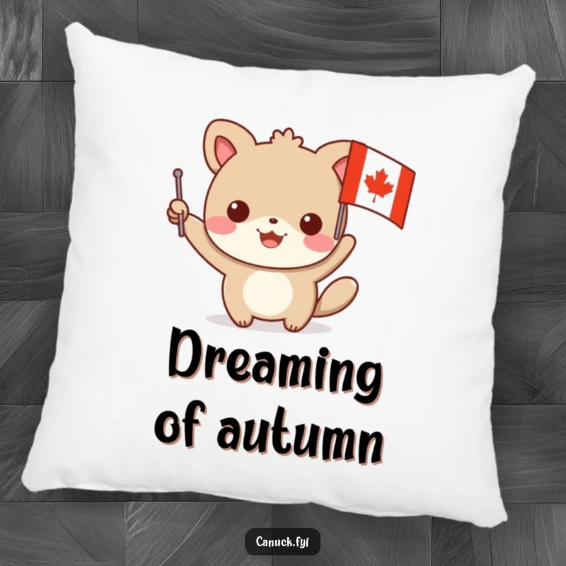 Funny animal pillow depicting a character waving a small flag with a maple leaf design, offering soft comfort and a humorous, patriotic decorative touch.