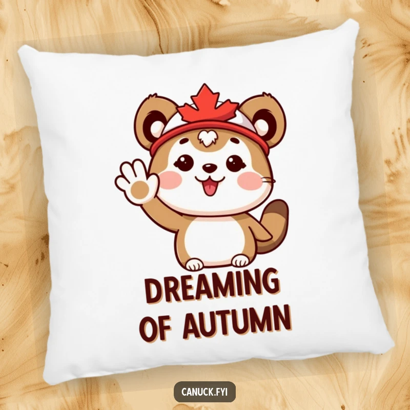 Funny Pillow: Soft cushion featuring a cute animal wearing a maple leaf hat, waving enthusiastically, perfect for comfort.