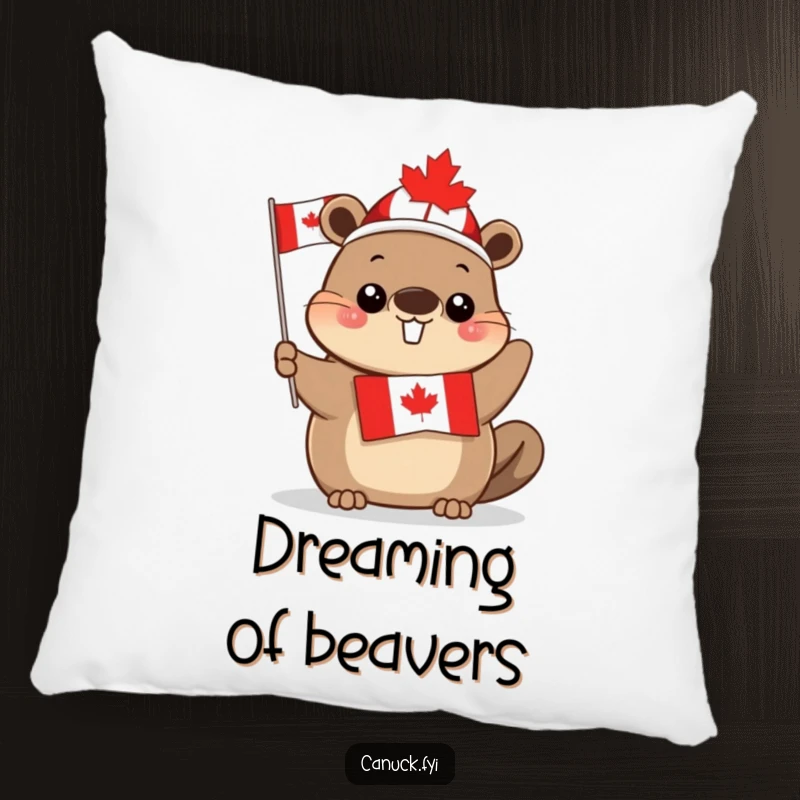 Funny cute beaver pillow, maple leaf hat, waving Canadian flag, soft decorative cushion, ideal for Canadian themed rooms, a sweet gift.