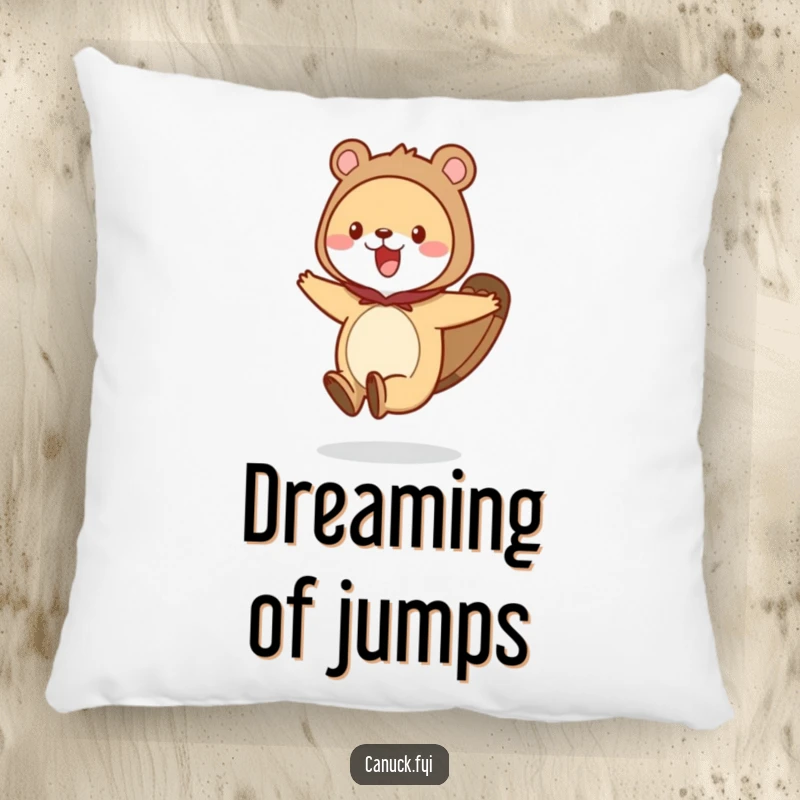 Funny animal pillow featuring a character in a beaver tail costume, captured in a joyful hopping motion.