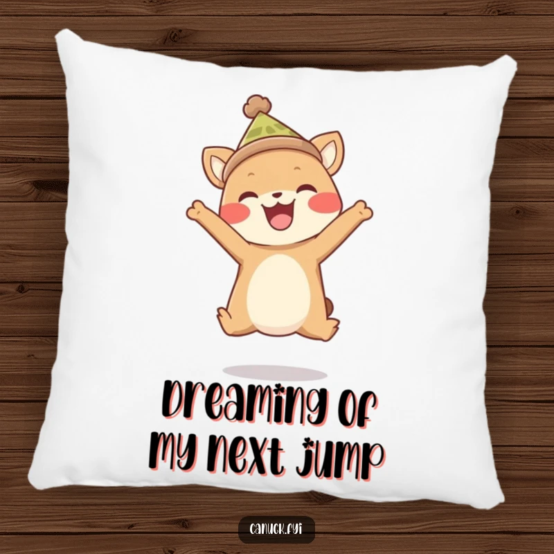 Funny pillow featuring a happy animal in a toque, captured mid-joyful leap. Adds a touch of warmth and humor to any room.