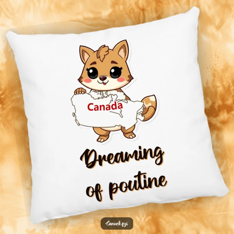 Funny pillow featuring a confident animal character holding a map of Canada, adding cozy Canadian charm.