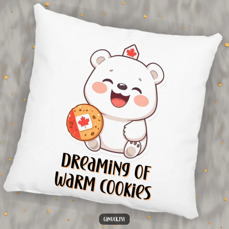 Funny Polar Bear Pillow: A laughing polar bear offers a Canadian cookie, providing a humorous and cozy decorative accent.