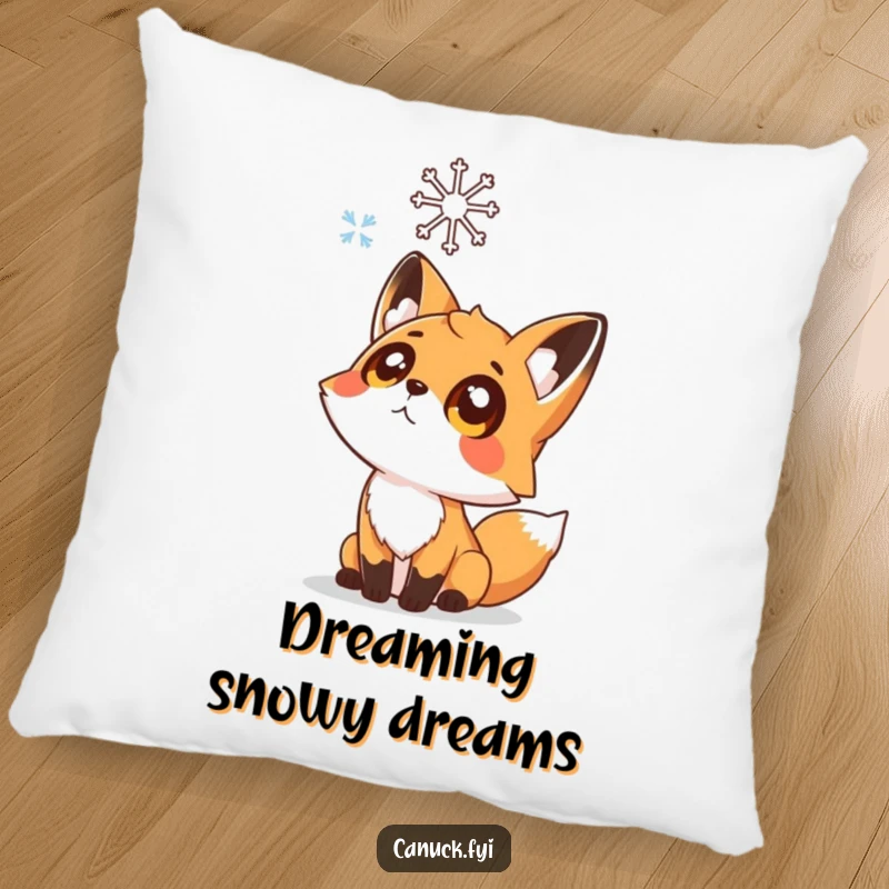 Funny pillow showcasing a curious fox with wide eyes looking upwards at a single, delicate snowflake falling gently.