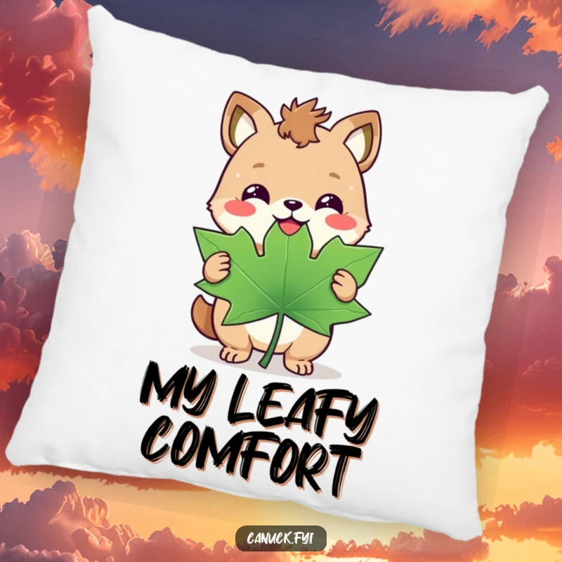 Funny pillow featuring a happy animal with a triumphant smirk, holding a giant maple leaf, perfect for Canadian decor.