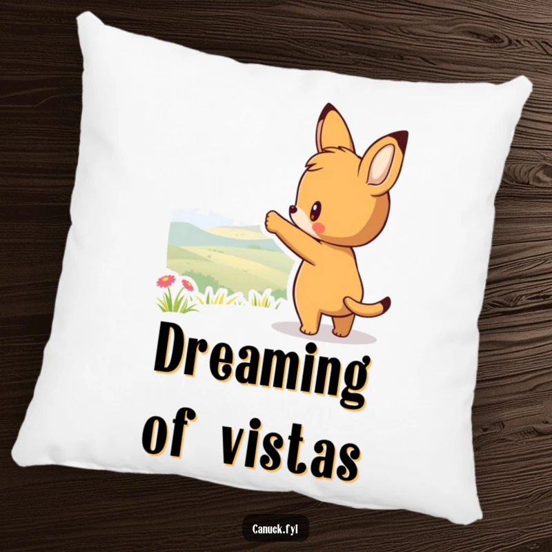 Funny pillow designed with a curious animal character pointing towards a scenic view, adding a touch of adventurous comfort.