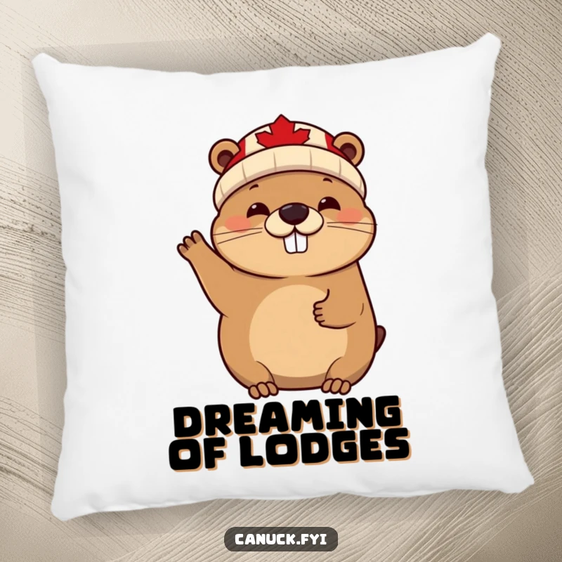 Funny cheerful beaver pillow, maple leaf beanie, waving enthusiastically, a soft and humorous decorative accent.