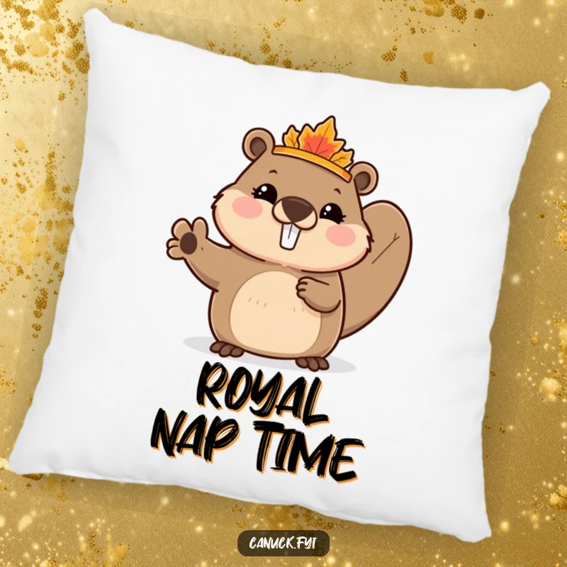 Funny Beaver Pillow showcasing a cute beaver with a tiny maple leaf crown, enthusiastically waving, perfect for adding charming comfort and personality.
