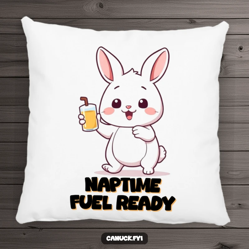 Funny pillow featuring a bouncing rabbit holding a small pint of liquid, offering comfort and a dose of playful humor.