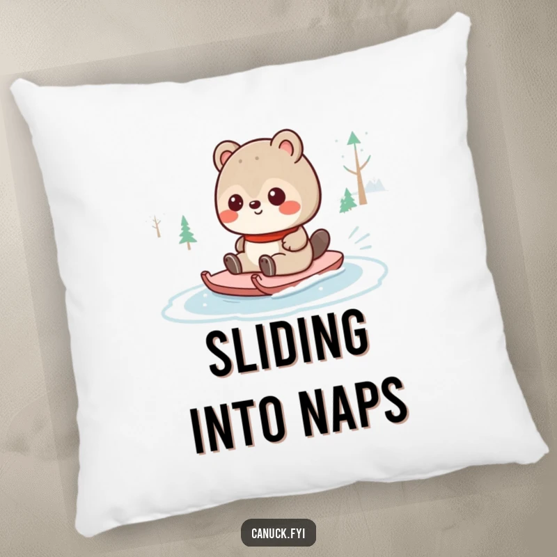 Funny Canadian animal character having a blast sliding on a frozen pond, featured on a soft pillow, spreading winter joy and playful humor.