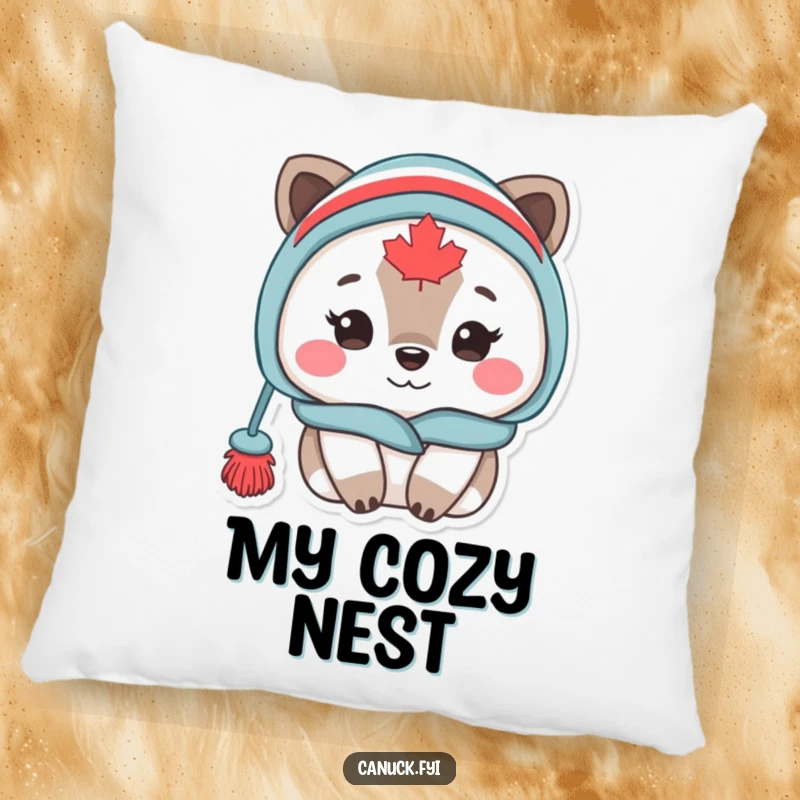 Funny Canadian animal character wearing a toque, exuding maximum coziness, featured on a soft and huggable pillow.