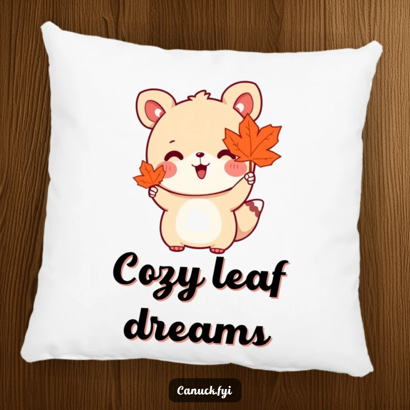 Funny pillow displaying a cute animal character holding a maple leaf and waving enthusiastically, offering comfort and seasonal charm.