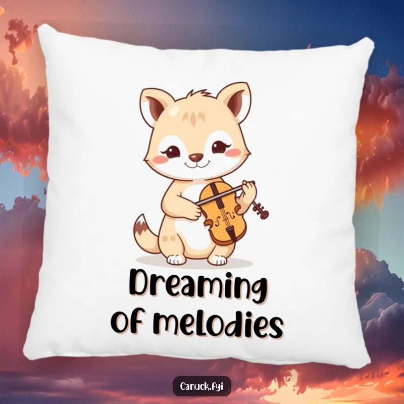 Funny pillow depicting a friendly, determined animal artist playing a miniature fiddle, adding a humorous touch to any cozy space.