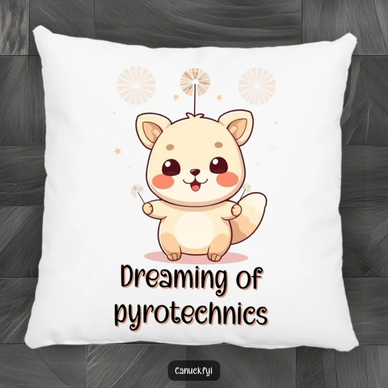 Funny pillow depicting a cheerful animal character celebrating with small fireworks. Adds a festive and cozy touch to any room.